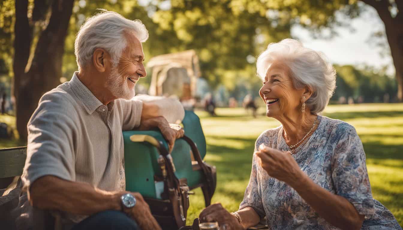 Elderly couple happily conversing in a bustling park.