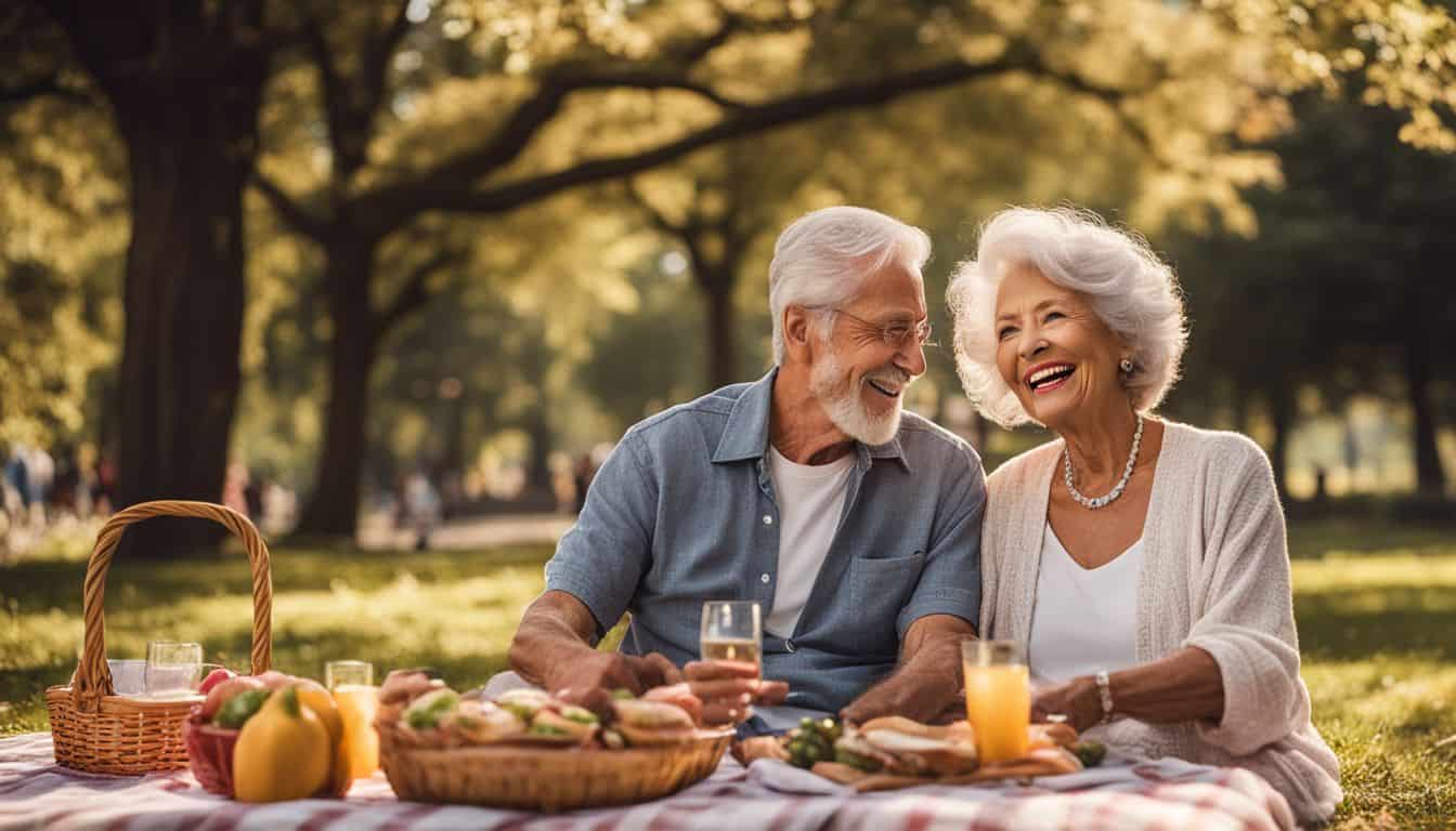 An elderly couple with custom dentures enjoying a picnic in the park.